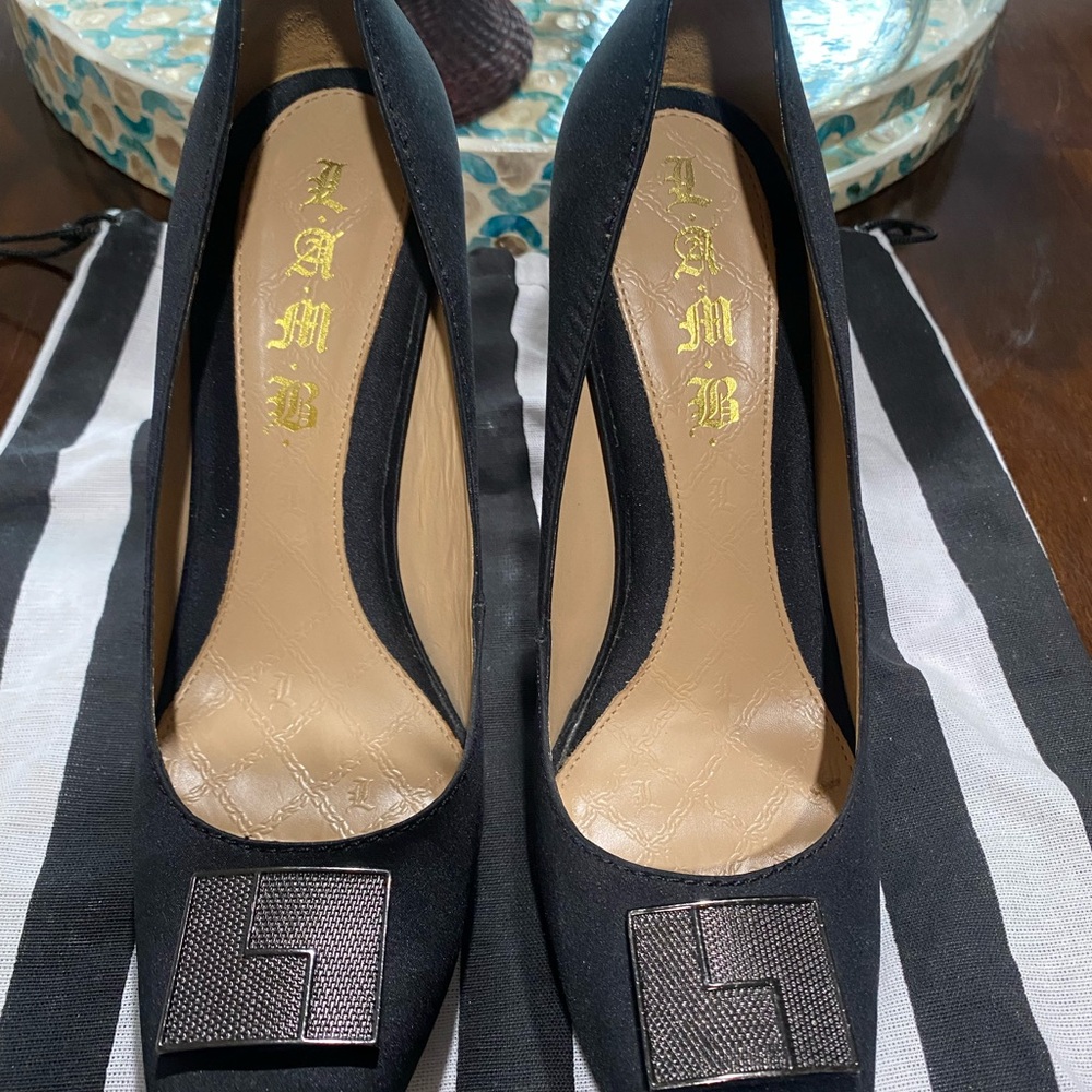 L.A.M.B. Black and Silver Heels with High Thin Heel and Pointed Toe